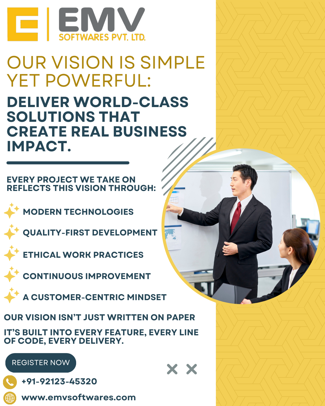 Diagram showing the EMV Software's vision statements connecting directly to the five-stage project methodology, illustrating how the goals translate into the project process.